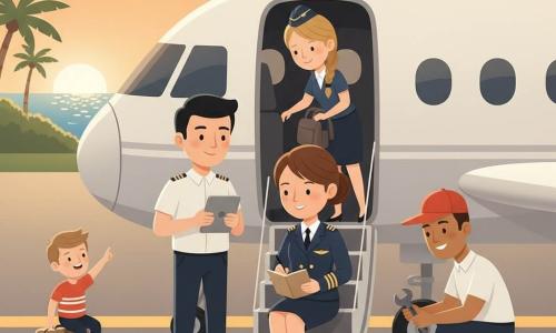 Uma piloto sorridente e serena, cabelos castanhos apanhados em coque, em uniforme azul-marinho com faixas douradas nos omros, escreve num pequeno caderno bege sobre o colo sentada na escada junto à porta do avião; ao lado esquerdo, um copiloto de cabelo curto e preto segura um tablet cinza; na ponte de embarque atrás da porta, uma comissária loira de trança ajuda um menino a guardar a mochila; um mecânico de boné vermelho verifica uma roda dianteira com uma chave inglesa ajoelhado; o menino, sentado numa mala, aponta maravilhado para o céu; cenário: pequeno aeroporto insular ao crepúsculo com pista de asfalto, hangar branco, palmeiras e mar ao fundo, luz laranja do pôr do sol; situação: após um pouso suave a equipa sorri e inspeciona a aeronave enquanto a piloto regista as horas de serviço, ambiente calmo e acolhedor, cores quentes e composição centrada na piloto e no caderno.
