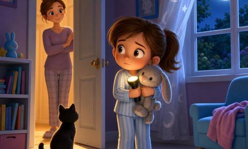 A 6-year-old girl with a round freckled face, brown ponytail, and wide curious eyes looks slightly worried but brave, clutching a small lit flashlight to her chest; she wears light blue striped pajamas, soft slippers, and holds a gray plush bunny. In the hallway a gentle-smiling woman in her 30s with light brown hair in a bun leaves the bedroom door ajar, casting a golden strip of light on the carpet. A calm black cat sits by the door, ears turned toward the girl. The softly lit pastel bedroom shows a bookshelf with colorful books, a blue chair with a rumpled sweater, and sheer white curtains throwing silver moon patterns on the floor; outside the window a large full moon and dark garden silhouettes cast cool light that contrasts with the warm yellow flashlight, creating a comforting, reassuring nighttime scene where the girl explores familiar shadows and turns them into friendly shapes.