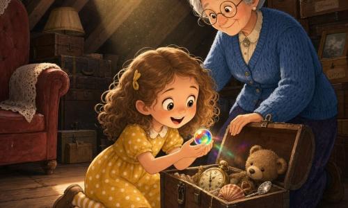 A 6-year-old girl with bright eyes and light chestnut curly hair, wearing a yellow polka-dot dress and striped socks, kneeling before a small dusty wooden chest and holding a rainbow marble that casts colorful reflections; an elderly grandmother of about 70 with gray hair in a bun, round glasses and a gentle smile stands behind her with a hand on her shoulder, wearing a blue knitted cardigan and long skirt; a small warm attic with wide wooden floorboards, exposed beams, a skylight beam of sunlight, stacked old boxes, a red leather chair and fine cobwebs; the main scene shows a tiny door in the wall open and the chest ajar filled with old trinkets (pocket watch, seashell, silver spoon, star button, worn teddy bear), golden dust floating in the sunbeam, tender magical mood, warm colors, soft textures, simple expressive lines and clean outlines suited to a children's cartoon.