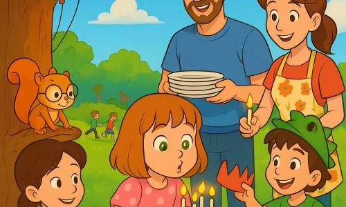 A joyful 6-year-old girl with light brown bobbed hair and bright green eyes, wearing a pink polka-dot dress and a small silver bell on her wrist, blows out candles on a round star-decorated cake on a checkered cloth; to her right Sami, an enthusiastic ~6-year-old boy with messy brown hair and a green dinosaur hat, offers a paper crown, and to her left Nora, a calm smiling ~6-year-old girl in a bright yellow dress with a braid, helps hold garlands; behind the table the parents — father in his thirties with light stubble and a blue t‑shirt holding plates, and mother in her thirties with hair tied up and a floral apron bringing spare candles — smile; an anthropomorphic squirrel, Professor Acorn, wearing small round glasses and an acorn-shaped backpack, perches on a low branch watching mischievously; the scene is a sunny park with a large textured-trunk oak, colorful balloons on the branches, a wooden picnic table with decorations, children running on green grass, soft clouds and a pale blue sky; main moment: a friendly, joyful birthday cake scene with the girl blowing out candles surrounded by friends and parents, the tiny silver bell subtly sparkling; graphic style: saturated colors, round expressive lines, simple 90s-cartoon textures, warm light and happy atmosphere.