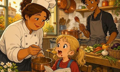 Een vrouwelijke chef-kok met een rond, glimlachend gezicht en bruine haren in een knot onder een licht scheef witte toque, sereen en vriendelijk, reikt een lepeltje warme compote naar een meisje van 6–7 jaar met grote verwonderde ogen, blond in staartjes en een rode confituurvlek op de kin, zittend aan een klein tafeltje met een kleurboek; een slanke leerjongen van ongeveer 16 jaar in een grijs schort en met kort, warrig haar kijkt glimlachend vanaf een houten werkblad en houdt een houten lepel met saus vast; de ruime, lichte keuken heeft lichte tegels, houten rekken met kleurrijke potten, open ramen met bewegende bladeren, koperen pannen en een snijplank met groenten; hoofdscène: warme, rustige serveermoment, de chef biedt de lepel terwijl stoom uit een pan rijst en gouden avondlicht de gezellige, voedselrijke sfeer benadrukt.
