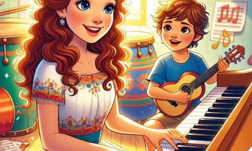 Al centro dell'immagine, Anna, una giovane donna dai lunghi capelli ricci castani, è seduta davanti a un pianoforte. Ha un sorriso radioso, i suoi occhi brillano di gioia ed entusiasmo mentre suona note melodiose. Indossa un bel vestito colorato con motivi floreali che danza attorno a lei ad ogni movimento. Accanto a lei, Marco, un ragazzo di circa 8 anni con capelli corti e castani, la guarda con ammirazione. Indossa una maglietta blu e pantaloni corti, e tiene in mano una piccola chitarra. Il suo viso esprime concentrazione ed eccitazione mentre si prepara a cantare con Anna. La scena si svolge in una stanza luminosa e accogliente, piena di strumenti musicali colorati: tamburi, chitarre e spartiti sparsi sul pavimento. I raggi di sole filtrano attraverso le finestre, illuminando la stanza e creando un'atmosfera gioiosa e ispiratrice. La situazione principale mostra Anna e Marco che cantano insieme, le loro voci si uniscono in una melodia gioiosa, mentre note musicali fluttuano attorno a loro come stelle scintillanti, simboleggiando la magia della musica che li unisce.