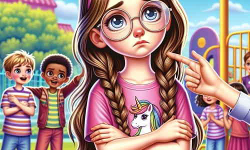 Uma menina de 8 anos, com longos cabelos castanhos e óculos redondos, está no centro da imagem, com os olhos brilhantes de tristeza e confusão. Ela usa uma camiseta rosa com um desenho de unicórnio e uma saia de bolinhas. Ao lado dela, sua melhor amiga, Sofia, também de 8 anos, com cabelos loiros trançados e um sorriso encorajador, segura sua mão para apoiá-la. Elas estão em um pátio escolar animado, cercadas por brinquedos coloridos e colegas que brincam ao longe. Ao fundo, um grupo de meninos, incluindo Tiago, um garoto de 8 anos com cabelo curto e uma expressão zombeteira, ri delas, apontando com o dedo. A cena mostra o contraste entre a amizade e o bullying, com cores vibrantes e expressões emocionais fortes.