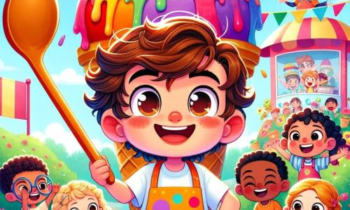 Um menino de 8 anos, Lucas, com cabelo castanho bagunçado e olhos brilhantes de travessura, está em pé diante de um imenso sorvete gigante. Ele usa um avental colorido, cheio de manchas vibrantes, e exibe um grande sorriso, demonstrando sua empolgação e determinação. Ao seu lado, um grupo de crianças da mesma idade, todas alegres, o incentiva com gritos entusiasmados. Entre elas, uma menina com cabelo loiro trançado e boné vermelho levanta os braços, enquanto um menino de óculos redondos e cabelo preto segura uma colher gigante, pronto para ajudar. O cenário é um parque ensolarado, repleto de flores coloridas e risadas de crianças. Ao fundo, um quiosque de sorvete decorado com guirlandas coloridas chama a atenção, com o famoso sorveteiro, Sr. Gelado, sorrindo e observando a cena. A situação principal mostra Lucas, concentrado e divertido, tentando comer o sorvete gigante, enquanto seus amigos o incentivam e riem, criando uma atmosfera alegre e festiva em torno desse desafio impossível.