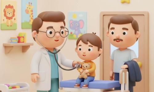 Um médico de 30–40 anos, rosto e óculos redondos, sorriso acolhedor, segura um estetoscópio metálico no peito do menino; o menino de 4–5 anos, cabelos castanhos curtos e bochechas rosadas, abraça um ursinho bege sentado na mesa de exame, tímido mas corajoso; o pai de 35–40 anos, casaco azul escuro dobrado no braço, observa aliviado com a mão no encosto da cadeira; a sala é clara, paredes creme com pôsteres de animais, mesa branca com almofada azul, baú de brinquedos, adesivo de estrela na prateleira e luminária redonda no teto — cena tranquila, calorosa e segura em cores pastel e texturas suaves.