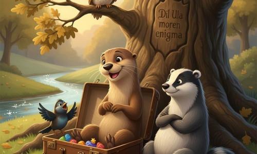 Otter Ovi, een antropomorfe otter met glanzende bruine vacht en fijne snorharen, zit rustig op de grond en opent een oude versleten leren koffer waar kleurige voorwerpen uitvallen; links zit merel Merel Mira, een kleine zwarte merel met blauwgroene glans, vrolijk fluitend met één vleugel licht geheven, rechts staat das Dirk, een gedrongen das met grijs-zwart gestreepte vacht tegen een boomwortel geleund, met een zachte glimlach, en boven op een lage tak zit uil Ulla, een roomkleurige, gespikkelde uil die aandachtig het tafereel bekijkt; ze bevinden zich in een open plek onder een oude eik met uitstekende wortels en gegrifte schors, een kabbelend beekje en warme avondlichtsfeer met groene grassprieten en gouden vallende bladeren; Ovi legt eenvoudige voorwerpen (glimlachende steen, stervormig takje, tinkende kurk) op het gras, sfeer vriendelijk, rustig en warm, centrale compositie, zachte contrasten en gedetailleerde texturen.
