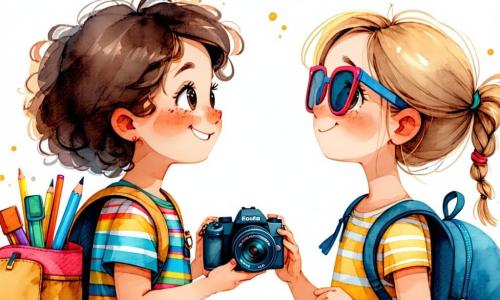 Una ragazza di 12 anni, Sofia, con capelli castani e ricci, un grande sorriso di eccitazione sul volto, tiene una piccola macchina fotografica in mano. Indossa una maglietta colorata e uno zaino pieno di souvenir di viaggio. Accanto a lei, la sua migliore amica Giulia, anch'essa di 12 anni, con capelli biondi intrecciati e occhiali da sole sulla fronte, guarda con meraviglia una gondola decorata di colori vivaci che scivola sul canale. Il loro insegnante, il signor Rossi, un uomo di quarant'anni con occhiali e barba brizzolata, sta un po' indietro, sorridendo e osservando con orgoglio le due ragazze. La scena si svolge a Venezia, con edifici colorati che si riflettono nell'acqua scintillante dei canali, gondole che passano lentamente e ponti di pietra che aggiungono magia al luogo. Sofia e Giulia stanno scoprendo la bellezza della città, meravigliate dalle gondole e dagli artisti di strada, mentre il sole splende, creando un'atmosfera gioiosa e avventurosa.