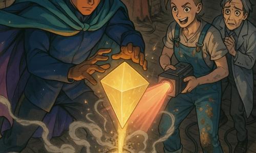 An adult man (~30), SpectraKnight, copper-brown face, curly black hair, wearing a flowing aurora-colored cape (teal, gold, violet), determined, shaping a large hard yellow-gold light prism above a smoking machine; his hands glow and soft sparks fall around him. A young woman (~25), Junie, artist, shaved on one side with a messy bun, paint-splattered overalls, brave and mischievous, holds a spotlight projecting a pink-orange sunrise at a smoking sphere and stands just behind SpectraKnight. An older man (~50), Dr. Morrow Vane, inventor, gray hair, long reflective coat, pale and worried, watches nervously from a step back near the machine, hands clenched near a small remote dropped on the floor. Basement of an old theater: worn wooden floor, torn red curtain, damp brick walls, black cables snaking, dark seats visible above; high-contrast lighting with deep shadows and warm shafts. Dramatic moment: the prism of light captures a gray-yellow energy jet escaping a sphere filled with micro-drones, Junie’s spotlight intensifies the colors, silver mist filaments swirl—heroic, tense, dynamic composition with downward perspectives emphasizing scale and motion.