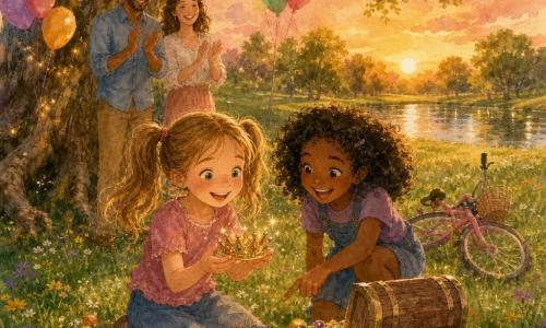 An 8-year-old girl with light brown pigtails, freckles and sparkling green eyes smiles in wonder holding a small glittering crown while her friend Emily, also 8 with curly black hair, laughs and crouches beside an open wooden chest pointing at the treasure; their parents (mid-30s) with colorful balloons stand a little back under a large ancient oak, applauding, as a garland of colored stones leads to the chest, a pink bicycle rests on the grass, and a small pond glitters in a dusk park dotted with wildflowers—a warm, joyful birthday surprise rendered in a soft watercolor palette with golden sunset light.