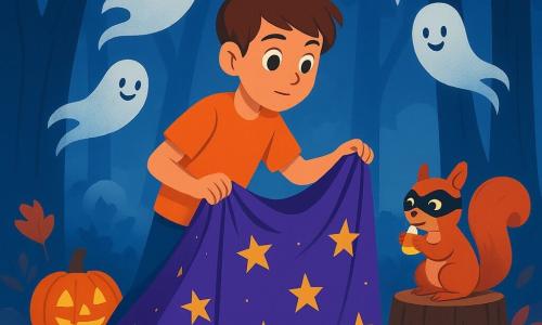 A 10-year-old boy with chestnut hair, big bright eyes, wearing an orange T‑shirt and jeans, cautiously walks between tree trunks holding a starry purple cape he has found on a stump while a masked, mischievous red squirrel nibbles candy corn and friendly translucent white ghosts with soft smiles float low in a circle leaving misty trails around him in an autumn dusk wood of orange and red leaves, dark trunks, green moss and pumpkin lanterns, the centered scene rendered in flat vivid violets, oranges and deep blues with a cozy yet mysterious atmosphere.