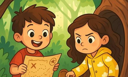 A 6-year-old boy with tousled brown hair and sparkling curious eyes holds a treasure map in his small hands. His face shows joyful excitement, with a wide smile and rosy cheeks. Next to him, a 6-year-old girl in a bright yellow raincoat with white cloud patterns looks at the map with a determined expression. She has long curly hair and is slightly leaning forward, ready to explore. They are in an enchanted forest, surrounded by tall, gnarled trees and shiny green leaves, while a soft ray of sunlight filters through the branches, creating bright patterns on the ground. The scene captures the moment they discover an old tree trunk with an ajar door, revealing a hidden treasure inside, filled with sparkling stones and wooden badges. The children are about to open the door, their eyes shining with wonder and anticipation.