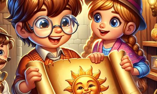 An illustration depicts a boy with messy brown hair, round glasses, and an excited smile. He holds an old scroll in his hands, his eyes sparkling with curiosity. Next to him, a girl with braided blonde hair, wearing a colorful dress and a detective hat, gazes at the scroll in wonder, her face lit up by the discovery. Another boy, with brown hair and a cap, stands slightly back with crossed arms, showing a focused expression, ready to solve the mystery. They are in a secret room of a museum filled with ancient treasures: vintage toys, gilded books, and a smiling sun statue at the center, all bathed in soft, warm light. The main scene shows the children discovering the scroll, revealing a mysterious map that leads them on an incredible adventure. Additional graphic elements include shelves filled with sparkling objects, walls adorned with old paintings, and a magical atmosphere inviting exploration and curiosity.