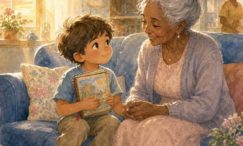 A 6‑year‑old boy with round bright eyes, a cherubic face and tousled chestnut hair sits on a plush faded‑blue sofa holding a small colorful notebook to his chest, looking curious and peaceful; beside him an elderly woman of about 70 with gray hair in a soft bun and a warm smile watches him kindly and holds his hand. The notebook is old with slightly yellowed pages, visible children’s drawings and a small red ribbon. The sofa has floral cushions and a knitted throw on the arm. Sunset light filters through a window with golden rays and visible dust, casting long shadows and warm reflections. In the background: a cream rug, a rolled blue yoga mat by the sofa, and a small wooden table with a bowl of cookies and a jar of jam. Overall cozy, soft, reassuring mood in pale pastels (pale yellow, sky blue, powder pink), watercolor textures with white gel‑pen highlights on face and object contours; the main scene is a tender, secure moment after a discovery as the boy shows his notebook like an emotional treasure to his grandmother.