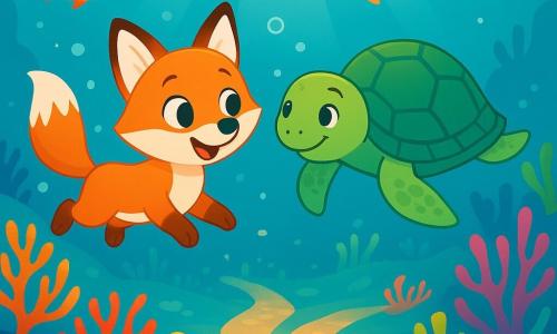 Een kleine vos genaamd Finn, met een feloranje vacht en nieuwsgierige sprankelende ogen, zwemt vrolijk in een turquoise zee met een grote glimlach op zijn gezicht. Naast hem zwemt een grote groene zeeschildpad met zachte ogen, die vriendelijk en aanmoedigend lijkt, en hem uitnodigt om de diepten te verkennen. De zeebodem is gevuld met kleurrijke koralen, en kleurrijke vissen dansen om hen heen, terwijl zonnestralen door het heldere water filteren en een magische sfeer creëren. Finn en de schildpad gaan naar een helder koraalpad, waar twee paden zich splitsen, elk omringd door golvende zeewier. Finn kijkt met een mengeling van opwinding en aarzeling naar de twee richtingen, klaar om zijn keuze te maken voor het onderwateravontuur.