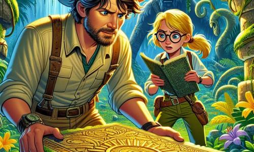 A man, Oliver, around 30 years old with messy brown hair and a light beard, shows determination and wonder. He wears an explorer's hat, a khaki shirt, and sturdy pants while holding an ancient map. Beside him, a woman, Amelia, about 28 years old with her blonde hair in a ponytail and round glasses, closely examines a strange symbol carved on a stone, her face lit by curiosity. Their environment is a lush jungle filled with trees with golden and silver leaves, giant brightly colored flowers, and fantastical animals hiding in the foliage. Sunlight filters through the dense canopy, casting dancing shadows on the moss-covered ground. The main scene depicts Oliver and Amelia discovering an ancient stone arch covered in vines, symbolizing their quest to reach the heart of the enchanted jungle, surrounded by a palpable aura of magic.
