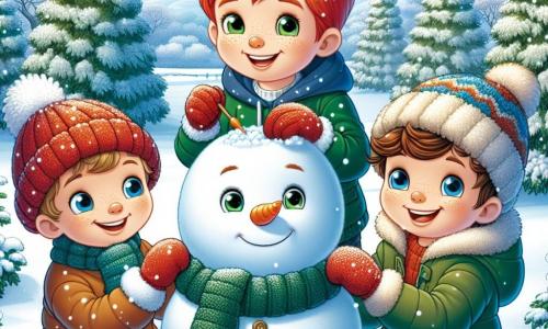 Three eight-year-old boys stand at the center of the scene. Jack, with red hair and sparkling eyes, wears red mittens knitted by his grandmother and smiles joyfully. To his right, Leo, a small boy with brown hair and bright eyes, is dressed in a large blue hat that makes him look like a teddy bear. On the left, Ben, with brown hair and a smiling face, wears a big green jacket that resembles a giant pea. They are in an enchanting winter park, where freshly fallen snow covers the ground like a soft white carpet. Majestic trees laden with snow line the park, and the sky is a bright blue with a few fluffy clouds. The boys are building a huge snowman, laughing and having fun together. They roll snowballs, add a carrot for the nose and shiny stones for the eyes, while a group of colorful birds joyfully flies around them, adding a touch of life to this magical winter scene.