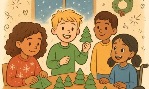Há 4 crianças: Clara, uma menina de 9 anos, tem cabelos castanhos cacheados e veste um suéter vermelho com flocos de neve brancos. Ela está à esquerda da imagem, concentrada em dobrar um guardanapo verde em forma de árvore de Natal. Tomás, um menino de 9 anos, tem cabelos loiros despenteados e veste um suéter verde. Ele está ao lado de Clara, sorrindo e mostrando orgulhosamente um guardanapo dobrado em forma de árvore. Sofia, uma menina de 8 anos, tem cabelos negros presos em duas marias-chiquinhas e veste um suéter azul. Ela está em uma cadeira de rodas à direita de Tomás, olhando com entusiasmo para os guardanapos dobrados. Tiago, um menino de 10 anos, tem cabelos castanhos curtos e veste um suéter amarelo. Ele está em pé atrás de Clara e Tomás, observando a cena com um ar cúmplice. O local é uma sala comunitária acolhedora, decorada para o Natal com guirlandas luminosas e decorações festivas nas paredes. Uma grande mesa de madeira está coberta de guardanapos verdes dobrados em forma de árvores, e biscoitos de Natal estão dispostos em uma bandeja no centro. A situação principal mostra as crianças dobrando guardanapos em forma de árvores de Natal, rodeadas por uma atmosfera alegre e festiva. As luzes brilham suavemente, e a neve cai lá fora, visível através de uma grande janela atrás deles.