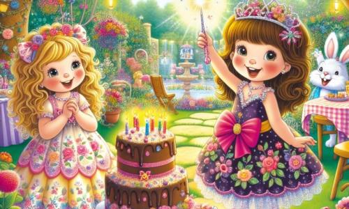Em um jardim ensolarado, uma menina de três anos, Lila, com cabelos cacheados e loiros, usa um vestido colorido com estampas de flores. Ela está no centro da imagem, sorridente, segurando uma linda varinha mágica brilhante. À sua direita, sua melhor amiga Tita, também de três anos, com cabelos castanhos e uma franja grande, usa um chapéu de palhaço divertido e ri alegremente. À esquerda, um coelho branco travesso, com um grande laço vermelho no pescoço, dança sobre as patas traseiras, adicionando um toque de magia à cena. O jardim está cheio de flores vibrantes, balões coloridos flutuando no ar e uma grande mesa decorada com um lindo bolo de chocolate, coberto de velas brilhantes. A cena representa o momento em que Lila e seus amigos cantam 