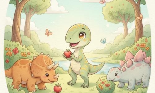 Un mic velociraptor numit Riko, vesel și uimit, cu ochi mari, piele verde deschis cu dungi galbene, stă în picioare și ține un fruct roșu; Tiri triceratopsul, calm și zâmbitor, cu coarne scurte și piele groasă brun-portocalie, stă la stânga și miroase un fruct de pe sol; Stegi stegosaurele, blând, cu plăci roz și gri deschis, stă la dreapta și împinge o bilă de frunze cu botul; Valea Soarelui are iarbă verde, tufe cu fructe roșii și galbene, un pârâu strălucitor, fluturi colorați și copaci cu trunchiuri răsucite; cei trei tocmai au sosit, zâmbesc și împart fructe dulci sub o lumină blândă de după-amiază, atmosferă liniștită și veselă.