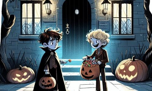 Due ragazzi, Marco e Luca, di 10 anni, si trovano al centro della scena. Marco, con i capelli castani arruffati e indossando un mantello da vampiro nero, guarda con curiosità intorno a sé. Accanto a lui, Luca, con i capelli biondi e in costume da zombie, sorride entusiasta, tenendo in mano un sacchetto di caramelle stracolmo. Si trovano davanti a una casa stregata, una vecchia costruzione con muri in pietra grigia, coperta di ragnatele e decorata con zucche illuminate. Ombre danzano sui muri, creando un'atmosfera misteriosa e leggermente spaventosa. Marco e Luca, pronti a entrare nella casa, si scambiano uno sguardo complice, mescolando eccitazione e apprensione, mentre si preparano ad affrontare la sfida del ghoul per ottenere ancora più caramelle.
