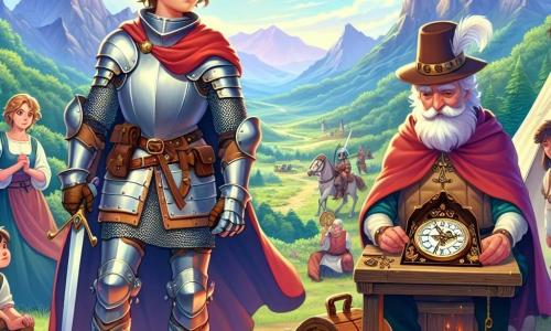 Ein junger Ritter, Sir Lennart, steht stolz im Mittelpunkt der Szene, mit glänzender Rüstung und einem entschlossenen Lächeln auf seinem Gesicht. Seine braunen Haare wehen leicht im Wind, und seine Augen strahlen Mut aus. Er schwingt sein Schwert, bereit, die Unterdrückten zu verteidigen. An seiner Seite steht ein alter Uhrmacher, Meister Finian, etwa 70 Jahre alt, in einer abgenutzten Ledertunika und runden Brillen, die ihm von der Nase rutschen. Er betrachtet aufmerksam eine alte Holz-Uhr, sein Gesicht von Falten geprägt, die Weisheit und Hingabe zeigen. Im Hintergrund steht eine Gruppe von Dorfbewohnern, Männer und Frauen um die 30, nahe einem Lagerfeuer, deren Gesichter vom tanzenden Licht der Flammen erleuchtet werden. Sie schauen mit Bewunderung und Hoffnung zu Sir Lennart, bereit, ihn in seiner Quest zu unterstützen. Die Szene spielt in einem grünen Tal, umgeben von majestätischen Bergen, mit laubtragenden Bäumen und bunten Blumen am Wegesrand. Der Himmel ist strahlend blau, gesprenkelt mit flauschigen weißen Wolken. Sir Lennart und seine Gefährten bereiten sich darauf vor, eine Bande von Räubern zu konfrontieren, die in der Region ihr Unwesen treiben, entschlossen, Frieden und Gerechtigkeit in ihr Königreich zurückzubringen.