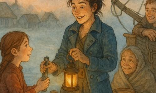 Die Szene spielt in der Dämmerung an einem nassen Holzsteg mit leichter Nebel über dem Wasser und niedrigen Fachwerkhäusern mit Strohdächern im Hintergrund; die Protagonistin ist die Piratenkapitänin Marla, lächelnd und erleichtert, salzgesprenkeltes Gesicht, braune Haare im Dutt mit ein paar losen Strähnen, abgewetzte blaue Lederjacke und Stiefel, sie hält eine kleine, brennende Messinglaterne auf der Bugspitze; Smilla, etwa 12 Jahre alt, enthusiastisch mit geröteten Wangen und geflochtenem Haar, reicht ernsthaft eine Schraube neben der Laterne und steht auf dem Deck hinter Marla; Tamo, ebenfalls ca. 12, schüchtern aber glücklich, nasses schwarzes Haar, steht am Steg neben seiner Großmutter und blickt zur Laterne; Frieda, etwa 80, faltiges Gesicht und lebhafte Augen, in einer großen Decke eingehüllt, hält eine Schüssel Suppe und lächelt Marla vom Steg zu; Jappe, um die 30–40, mit bandagierten dicken Fingern und verlegenem Lächeln, wischt sich die Hände und lehnt an einer Rolle am Bootsrande; das Holzboot „Seeschwalbe“ mit genagelten Planken, eingereffter Segel und einer kleinen Meeresfigur am Bug; die Messinglaterne wirft einen warmen gelb-orangen Lichtkreis, der mit dem blaugrauen Nebel kontrastiert; weicher Aquarellstil, feine Striche, körnige Texturen, Farbpalette aus Lachs-, Marine- und moosgrünen Tönen, stimmungsvolle, warme Atmosphäre.