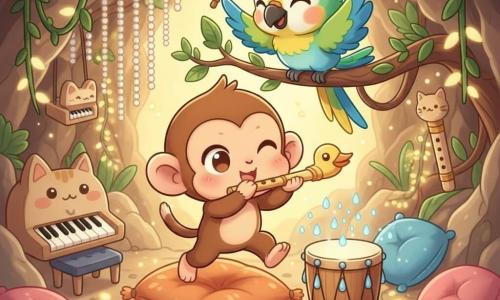 Tico, un pequeño mono chibi de ojos grandes y pelaje caramelo, toca con alegría una flauta en forma de pato brillante mientras salta sobre un cojín; Polo, un loro chibi de plumaje verde, azul y amarillo, sonríe y dirige la música desde una rama; junto a ellos, un tambor de madera con motivos de gotas azules vibra y suelta pequeñas gotas brillantes. La cueva, decorada con cortinas de cuentas nacaradas, lianas, instrumentos con rasgos animales y cojines y guirnaldas en forma de hojas, ofrece una atmósfera cálida, luminosa y divertida llena de risas.