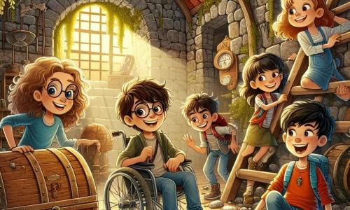 En un viejo molino abandonado, cinco amigos están juntos, rodeados de paredes de piedra cubiertas de hiedra. Lucas, un niño de 10 años con cabello castaño desordenado y gafas redondas, está sentado en su silla de ruedas, sonriendo con entusiasmo. A su derecha, Carla, una niña de 9 años con cabello rubio y rizado, sube por una vieja escalera de madera, con los ojos brillando de emoción. Sofía, una niña de 10 años con cabello castaño liso, está agachada cerca de un cofre polvoriento, sosteniendo una cámara, lista para capturar el momento. Jorge, un niño de 9 años con cabello negro y una sonrisa traviesa, imita a un fantasma haciendo muecas, mientras se encuentra junto a la puerta entreabierta. 

El molino, con sus grandes ventanas rotas y su techo de tejas rojas, está sumido en una luz dorada, creando una atmósfera misteriosa. Telarañas cuelgan en las esquinas, y rayos de sol se filtran a través de las grietas, iluminando la escena con un resplandor mágico. 

Los amigos acaban de descubrir un antiguo cofre en el sótano del molino, y todos están emocionados por la posibilidad de encontrar un tesoro escondido, riendo y animándose mutuamente en su búsqueda de aventura.