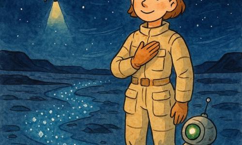 Eline, archeologe met zacht maar vast gezicht, kort lichtbruin haar, kalme glimlach, draagt een beige ruimtepak met zakken en staat op de rand van een bevroren plateau met één hand op haar borst alsof ze de sterren bedankt; haar robotmaatje Pip, een klein rond metalen robotje met één groen lampoog, opvouwbare antenne en korte pootjes, knippert vrolijk op de bevroren rots rechts van haar; links zweeft een klein wit drone met smalle vleugels en een zwak zoeklicht dat een kristallen pad verlicht; locatie: donker maanplateau met fonkelende blauwe kristallen en ijsstrepen, verre zwarte rotsen en een diep sterrenhemel met een kleine verre maan waar een blauw lichtpuntje zichtbaar is; scene sereen en contemplatief, zachte wind aangegeven door fijne lijnen, kleuren: diepe blauwen, steengrijs en warme beige accenten.
