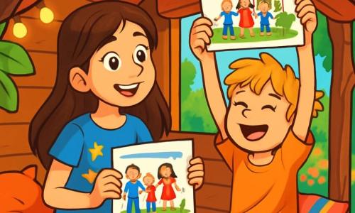 A 10-year-old girl, Emma, with long brown hair and sparkling joyful eyes, is sitting in a lovely treehouse. She is wearing a blue t-shirt with stars and denim shorts, smiling in wonder as she looks at a colorful drawing of her family. Next to her, her 6-year-old little brother Max, with messy blonde hair and a smiling face, holds a drawing of their summer, arms raised in victory. They are surrounded by green branches and shiny leaves, with a view of a blooming garden below. The treehouse is decorated with fairy lights and colorful cushions. The main scene shows Emma and Max sharing a moment of happiness and creativity, filled with excitement for their summer adventures.