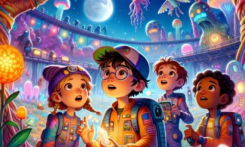 En un paisaje extraterrestre vibrante de colores, cuatro amigos están en el centro de la escena. Lucas, un chico de 12 años con cabello castaño desordenado y gafas redondas, mira con asombro un cristal brillante que sostiene en sus manos. A su derecha, Ana, una chica de 12 años con trenzas rubias y un traje espacial colorido, ajusta su traductor universal con una sonrisa entusiasta. A la izquierda, Tomás, un chico de 12 años con cabello negro y gorra, señala un pájaro iridiscente que vuela sobre ellos, con los ojos muy abiertos de asombro. Finalmente, Carla, una chica de 12 años con cabello rojo y un pañuelo, se inclina para tocar una planta luminiscente que brilla a sus pies, mostrando curiosidad. El escenario es un mundo extraterrestre, con árboles gigantes de troncos multicolores que se elevan hacia un cielo estrellado, iluminado por estrellas brillantes y una luna gigante. Flores luminiscentes de colores vivos salpican el suelo, mientras criaturas extrañas y amistosas se mueven en el fondo, añadiendo un toque de magia al entorno. La situación principal muestra a los cuatro amigos, maravillados por su descubrimiento, mientras se preparan para ayudar a los Zynoxians utilizando el cristal que acaban de recuperar, simbolizando la amistad y la cooperación intergaláctica.
