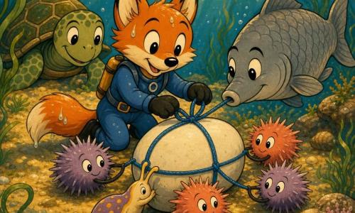 Die Hauptfigur ist ein kleiner anthropomorpher Fuchs mit nassem orangefarbenem Fell, leuchtenden, lächelnden Augen und einem blauen Tauchanzug, konzentriert und stolz dabei, einen blauen Faden um einen großen weißen Kiesel zu knüpfen; um ihn herum scharen sich freundliche kleine Seeigel mit runden, weichen Stacheln in Lavendel- und Korallfarben, die neugierig den Faden mit ihren Spitzen schieben, ein alter breiter grauer Fisch mit strukturierten Schuppen und weisen Augen schiebt den Faden leicht mit der Schnauze hinter und rechts vom Fuchs, eine langsam-liebevolle Meeresschildkröte mit grünen und braunen Mustern lächelt etwas zurück links auf dem Sand, eine kleine Meeresschnecke oder Nacktschnecke hilft, indem sie am Fuß des Kiesels vorbeigleitet und den Fuchs sanft anschiebt; Schauplatz ist eine helle Unterwasserwiese mit langen, wiegenden smaragdgrünen Seegräsern, goldenen Sandflächen, Lichtstrahlen, schimmernden Partikeln, ein paar schimmernden Muscheln und Algen an den Felsen; Szene zeigt eine ruhige, kindgerechte Komposition mit warmen, kontrastreichen Farben, zentriert und gut lesbar.