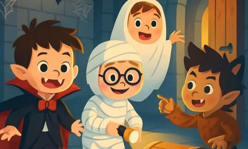 Er zijn 4 kinderen: Tom: een 6-jarig jongetje met rommelig bruin haar, gekleed als een vampier in een zwart kostuum met een rode cape en een neptand. Hij staat links, glimlachend en toont zijn scherpe tanden. Sam: een 6-jarig jongetje met blond haar en een bril, verkleed als mummie met witte verbanden om hem heen gewikkeld. Hij staat in het midden en houdt een zaklamp vast die de weg verlicht. Max: een 6-jarig jongetje met kastanjebruin haar en een grote glimlach, gekleed als een spook met een wit laken en zwarte ogen getekend. Hij staat iets naar achteren, zwevend als een echt spook. Joep: een 6-jarig jongetje met zwart haar en puntige oren, gekleed als weerwolf met plastic klauwen. Hij staat rechts en wijst naar een grote houten deur, nieuwsgierig. De locatie is een oud, mysterieus kasteel met grijze stenen muren bedekt met spinnenwebben. Kroonluchters van smeedijzer hangen aan het plafond, en werpen dansende schaduwen op de vloer. Een grote houten deur, iets open, laat gedempt licht van binnen zien. De situatie toont de vier vrienden die een grote donkere en stoffige zaal ontdekken, waar ze net een oude kist in het midden hebben gevonden. Ze zijn allemaal opgewonden en nieuwsgierig, hun gezichten verlicht door het licht van Sam's zaklamp, terwijl ze zich voorbereiden om de kist te openen en te ontdekken wat erin zit.