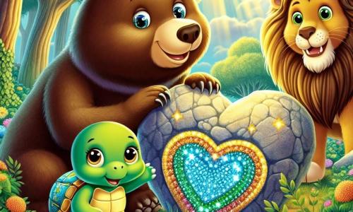 Bruno, un orso bruno dagli occhi scintillanti e dal sorriso caloroso, si trova al centro della scena, guardando con curiosità una grande pietra a forma di cuore, con le zampe sollevate come se stesse per sollevarla. Accanto a lui, Tina, una piccola tartaruga verde con un guscio colorato, mostra un'espressione di eccitazione, gli occhi spalancati, mentre indica la pietra. Leo, un cucciolo di leone dorato con una criniera morbida e occhi birichini, si trova leggermente indietro, sorridendo con entusiasmo, pronto ad aiutare i suoi amici. La scena si svolge in una foresta incantata, illuminata da una luce dorata, con alberi maestosi dalle foglie verdi brillanti e fiori colorati che punteggiano il terreno. Gli uccelli cantano gioiosamente tra i rami, e una leggera brezza fa danzare le foglie. Bruno e i suoi amici scoprono una misteriosa pietra sotto cui si nasconde un segreto, mentre si preparano a sollevare la pietra per rivelare una piccola scatola di legno, piena di tesori.