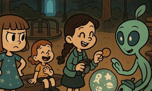 Quattro personaggi: Fin, bambina ~7 anni, capelli castano chiaro taglio dritto, vestito blu a stelline, mani sui fianchi, leggermente a sinistra; Mina, bambina ~7 anni, capelli castani a treccia, giacca verde, tiene un piccolo telefono e un sacchetto di biscotti, sorride offrendo un biscotto, a destra di Fin; Jo, bambina ~7 anni, capelli rossi corti, maglietta gialla, ride con una mano sul cuore, seduta sul bordo di una sabbiera dietro le altre; Ruli, extraterrestre non binario grande come un cane, pelle verde menta, grandi occhi azzurri lucenti, piccolo cappellino a foglia, tiene un oggetto rotondo luminoso che proietta pittogrammi, davanti al centro inclinato verso le bambine in gesto amichevole. Luogo: parco notturno con area giochi sabbiosa, giostra metallica retro sullo sfondo, panchina di legno a destra, lampioni gialli caldi, alberi stilizzati e una porta-luce blu pallido tra due alberi a sinistra. Situazione: incontro dolce e curioso, Ruli mostra immagini luminose mentre le bambine condividono un biscotto e fanno gesti di cortesia; atmosfera rétro in colori pastello, contrasti morbidi, espressioni calorose ed esagerate, composizione centrata sullo scambio con illuminazione notturna calda e tenue alone blu della porta spaziale.