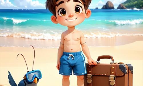 Un ragazzo di 10 anni, Matteo, con capelli castani disordinati e occhi pieni di curiosità, si trova su una spiaggia dorata, con un grande sorriso sul volto. Indossa un costume da bagno blu vivo e una maschera da sub sulla fronte, mentre tiene una vecchia valigia arrugginita a metà aperta, che rivela un casco da palombaro e un misterioso giornale. Accanto a lui, un piccolo granchio blu, con chele brillanti, sembra incoraggiarlo, con gli occhi vivaci e maliziosi fissi su Matteo. Il luogo è una spiaggia soleggiata, circondata da rocce coperte di alghe verdi e conchiglie colorate, con onde cristalline che si infrangono dolcemente sulla riva. In lontananza, una barriera di meduse scintillanti galleggia nell'acqua, creando uno spettacolo magico. La situazione principale mostra Matteo, emozionato e determinato, pronto a tuffarsi in acqua per esplorare il misterioso sottomarino sommerso, con un luccichio di avventura negli occhi.