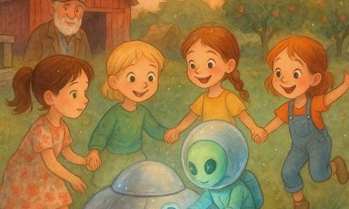 Na ilustracji sześć postaci: cztery dziewczynki — Hania (6 lat, brązowe włosy w kitkach, kwiecista sukienka) klęczy po lewej na trawie i trzyma poważnie rękę Mai; Maja (6 lat, krótkie blond włosy, zielony sweter) stoi środkowo-po lewej, uśmiecha się i trzyma ręce Hani i Zosi; Zosia (6 lat, kasztanowe włosy w warkoczach, żółta sukienka) stoi środkowo-po prawej, śmieje się i trzyma ręce Mai i Leny; Lena (6 lat, rude włosy, niebieskie ogrodniczki) po prawej lekko podskakuje z błyszczącymi oczami; Piko — mały kosmita wielkości 5‑latka, bladozielona skóra, przezroczysty okrągły hełm, miętowy kombinezon i świecące buty — klęczy przed srebrnym, kopułowym statkiem i wkłada błękitno-srebrną śrubokluczowatą kluczyk do zamka; oraz dziadek Staszek (ok. 70 lat, krótka biała broda, znoszona czapka) stoi z tyłu przy stajni i przygląda się im z życzliwym uśmiechem. Scena na wiejskiej farmie o zmierzchu: zielony dziedziniec z kwiatami, stara czerwona stodoła z otwartymi drzwiami, kamienny okap studni po lewej, bele siana w tle, sad jabłoni po prawej i kilka kur dziobiących ziemię. Główna sytuacja: radosne odkrycie — Piko kręci błękitnawą kluczy spiralną w zamku statku, cztery dziewczynki mają cienkie przezroczyste świecące bransoletki na kostkach i trzymając się za ręce są gotowe do lekkiego wspólnego skoku; ciepła atmosfera, długie cienie, niebieskie światła statku odbijają się na trawie, centralna kompozycja, łagodne, zachwycone i uspokajające wyrazy twarzy.