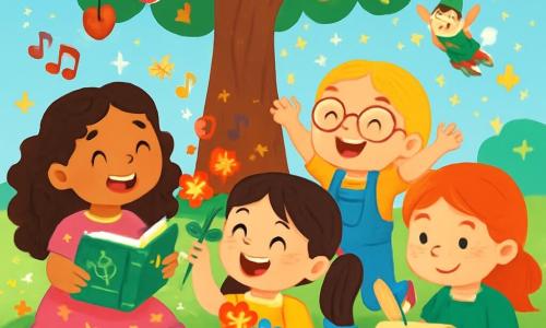 Hay 4 niños: - Lila: una niña de 6 años con largos cabellos rizados y una sonrisa brillante. Lleva un vestido rosa con estrellas doradas y sostiene un gran libro de recetas. - Sofi: una niña de 6 años con cabello liso y marrón, atado en dos coletas. Está vestida con una camiseta amarilla y una falda de flores, y sostiene un ramo de flores coloridas que cantan. - Alma: una niña de 6 años con cabello rubio y gafas redondas. Lleva un overol azul y baila alegremente, soñando con duendes. - Rosi: una niña de 6 años con cabello pelirrojo y pecas. Está vestida con un vestido verde y escribe una carta brillante en un gran pergamino. Las cuatro amigas están sentadas en círculo bajo el Gran Árbol de las Dulces, un árbol inmenso con hojas multicolores y ramas cargadas de caramelos. El suelo está cubierto de flores brillantes y pequeños mariposas que vuelan a su alrededor. La situación principal de la historia muestra a los niños en plena discusión, rodeados de luz suave, con risas y ideas mágicas flotando a su alrededor. Sueñan juntas con la sorpresa que van a preparar para el Día de la Madre, con estrellas centelleantes y destellos de colores.