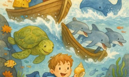 Un niño de 4 años, Lucas, alegre y decidido, de rostro redondo y pelo castaño claro despeinado, en un traje de neopreno azul, nada en primer plano sosteniendo una concha brillante en la mano derecha; una vieja tortuga marina llamada Camino, con gran caparazón verde moteado de amarillo y algas, avanza a la izquierda mirando con benevolencia; dos delfines gris plateado empujan por la derecha un barco de madera encajado entre rocas causando salpicaduras; una enorme ballena azul expulsa agua detrás del barco formando olas espumosas que ayudan a liberar la proa; tres marineros adultos de unos 40 años, con barba y ropa de trabajo mojada, están en la popa señalando y aplaudiendo; el lugar es un arrecife rocoso colorido con anémonas naranjas, algas verdes, bancos de peces multicolores y conchas brillantes sobre arena; escena principal: rescate colaborativo con Lucas y los animales marinos uniendo fuerzas, escenas dinámicas, salpicaduras luminosas y expresiones de esfuerzo y alegría.