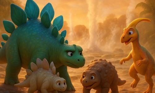 Milo, a bulky stegosaurus with emerald and turquoise dorsal plates and a wary but determined expression, extends his tail to support a small frightened stegosaurus; Lila, a round, sturdy ankylosaurus with mottled brown hide and a tail club, stands reassuringly beside him with a guiding foot forward; Zephyr, a sleek parasaurolophus with a bright yellow crest and shimmering scales, leads the way, lightly dancing on flat stones; the rescued juvenile, smaller with pale plates and wide relieved eyes, clings to Milo. They cautiously cross a field of steaming geysers and bubbling pools scattered with wet stones, white vapor rising and jets of water in the background, golden sunset light and giant ferns around. The scene is a brave, supportive 3D composition with saturated colors, detailed textures (rough skin, translucent steam, wet stones), and slightly low focal perspective to make the dinosaurs feel heroic.