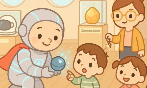 Een geruststellende, glimlachende man, Nova-Nils, met rond gezicht en heldere ogen, zilverkostuum met blauwe strepen en een klein rood capeje, houdt voorzichtig een kleine blauwe metal­lische bol, Bliep, die zachtjes fonkelt; een vrouw, Mila (ongeveer 35), met gele bril en opgestoken haar staat bij een museumdeur en houdt een glinsterende bos sleutels; een jongetje van circa 6 zit op de grond en wijst vol verwondering naar de bol, een meisje van circa 6 met twee staartjes houdt de hand van de juf en lacht breed; een schattige ronde wagentjesrobot, Piep, naast Mila, maakt een sprongetje van vreugde. De scène speelt zich af in een licht museuminterieur met gepolijste houten vloer, glazen vitrines met een wit maanhelm en een gouden steen genaamd Zonnesteen, ronde ramen en warme verlichting; sfeer rustig, vrolijk en veilig, pastelkleuren en zachte vormen.