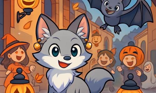 A small silver fox named Pip, with bright and curious eyes, stands at the center of the scene, looking determined and joyful. His pointed ears are adorned with tiny bells that sparkle in the light of the lanterns. Beside him, a mischievous bat named Wren, with black wings and sparkling eyes, flies in circles around him, wearing a cheeky smile. The setting is a cobblestone alley, illuminated by the soft light of grinning pumpkin-shaped lanterns, lighting up the faces of costumed children who laugh and play. Autumn leaves swirl in the air, adding a touch of magic to the scene. Pip and Wren are getting ready to play Lantern-Tag, surrounded by dancing and twinkling lanterns, as a gentle cool breeze rustles the leaves of the trees.