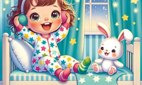 A 2-year-old girl with big bright eyes and curly brown hair is wearing a colorful star-patterned pajama. She is lying on her bed, laughing out loud, with multicolored socks on her ears, showing an expression of joy and surprise. Next to her is her adorable stuffed bunny, Binky, a small white rabbit with big ears and a mischievous smile. He is sitting on the bed, ready to jump, with a small sock on one of his ears. The room is warm and inviting, with pastel blue walls, twinkling stars hanging from the ceiling, and toys scattered on the floor. A soft night light illuminates the scene, creating a magical atmosphere. The main situation shows Lily and Binky joyfully dancing on the bed, with socks on their ears, laughing together in a moment of happiness and closeness before falling asleep.