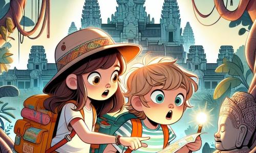 En primer plano, una niña de 6 años llamada Sofía, con largos cabellos castaños y ojos llenos de curiosidad, lleva un sombrero de exploradora y una pequeña mochila colorida. Sonríe con entusiasmo, sosteniendo un gran mapa de los templos de Angkor, lista para descubrir el mundo que la rodea. A su lado, su amigo Leo, un niño de 6 años con el cabello rubio despeinado y una camiseta a rayas, mira con asombro una gran estatua de piedra. Se inclina hacia adelante, con las manos en las rodillas, cautivado por la historia que cuenta Sofía. Al fondo, se ven los majestuosos templos de Angkor, con sus torres en forma de loto y muros decorados con esculturas antiguas. Árboles gigantes con raíces entrelazadas rodean los templos, creando una atmósfera mágica y misteriosa. La escena principal muestra a Sofía y Leo, rodeados de la belleza de los templos, explorando y compartiendo su asombro, mientras el sol brilla sobre ellos, iluminando su aventura.