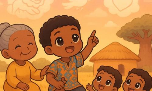 A smiling young man (Mabo, about 18) with warm bronze skin and short black hair sits on a woven mat in an ochre-and-blue printed tunic, pointing to the sky while holding a small brown gourd; an elderly grandmother (about 70) with soft wrinkles and grey hair in a bun, wearing a mustard-yellow dress, sits on a low stool to his left with a hand on his shoulder; three laughing children (boys 10 and 5, girl 8) in colorful clothes sit in a circle imitating cloud shapes with their hands as they look up; the setting is a round ochre wattle-and-daub hut with a thatch roof, a broad-trunked baobab behind, savanna grass, a few gourds and pots near the entrance, and a vast luminous sky at dusk where white clouds form soft, recognizable shapes (lion, bird, heart) in pastel sunset tones, creating a warm, calm, magical moment as Mabo tells the story of the clouds.