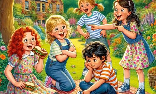 In a sunny garden, four friends gather around a large picnic blanket. Lucy (girl, 8 years old) has curly red hair and wears a colorful floral dress. She sits in the center, hands on her hips, looking both surprised and amused. Emma (girl, 8 years old) has blonde hair and wears a striped t-shirt. She is to the left of Lucy, laughing heartily, with one hand covering her mouth and the other pointing at a little boy. Mia (girl, 8 years old) has brown hair tied in a ponytail and wears denim shorts. She is to the right of Lucy, leaning forward, wide-eyed, holding a sandwich in one hand. Zoe (girl, 8 years old) has black hair and wears a polka dot blouse. She stands behind Lucy, arms crossed, with a mischievous smile, as if she already guessed the mystery. The garden is filled with colorful flowers, lush trees, and a large oak providing shade. In the distance, a small wooden house with open windows can be seen. In the center of the illustration, a little boy (Timmy, 5 years old) sits on the ground, surrounded by bread crumbs, looking guilty with a half-eaten sandwich in his hands, while the girls watch him with amusement, revealing the main situation: the mystery of the missing sandwich has turned into a joyful discovery.