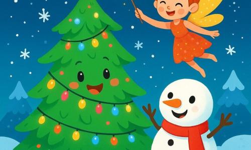 A beautiful Christmas tree named Tini, with bright green branches and sparkling multicolored lights, stands proudly at the center of the image, radiating joy and excitement. Next to it, a snowman named Bubble, with a bright orange carrot nose and a shiny red scarf, smiles widely, his coal eyes sparkling with happiness, as he raises his arms to welcome friends. Above, a little Christmas fairy, Fubella, with shimmering golden wings and a sparkling dress, joyfully flies around, her mischievous eyes shining as she sprinkles star dust. The setting is a snowy garden, covered in a thick layer of white snow, with snowflakes gently falling from the starry sky, creating a magical and warm atmosphere. The scene shows Tini, Bubble, and Fubella preparing to welcome Santa Claus, with radiant smiles on their faces, surrounded by the glow of lights and the magic of Christmas.
