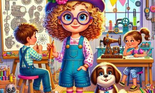 Miss Lila, a smiling woman with large round glasses and a purple hat adorned with a flower, stands in her workshop. She wears blue overalls and has curly hair peeking out from under her hat. Enthusiastic and determined, she holds a pencil and a sketchbook in her hands. Next to her, Sprocket, a small brown curly-haired dog, looks on curiously, his tail wagging joyfully. Max, an 8-year-old boy with messy blond hair, sits on the floor surrounded by sheets of paper and crayons, drawing an invention idea. Mia, a 7-year-old girl with pigtails and a polka dot dress, stands with her arms crossed, thinking, a smile on her face. The workshop is filled with bright colors, with tools hanging on the wall, strange machines on the tables, and drawings everywhere. Light streams in from a window, illuminating the creative space. The main scene shows Miss Lila and her young friends brainstorming ideas to create a large shaded shelter for the playground, surrounded by sketches and prototypes, all smiling and full of energy, ready to invent together.