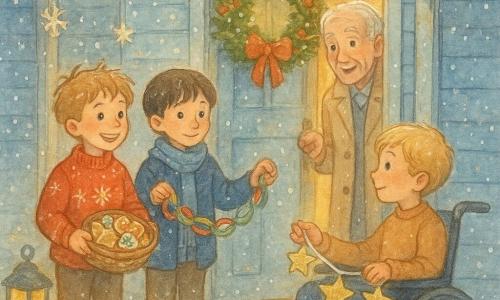 There are four people: Max, a ~9-year-old boy with tousled light brown hair wearing a red snowflake sweater, holding a basket of decorated cookies and standing left on the porch step with a bright smile; Leo, a ~9-year-old boy with straight brown hair and a blue scarf holding a paper garland and standing center with a gentle look; Oliver, a ~9-year-old boy with fair skin and blond hair seated in a wheelchair decorated with a small green cushion, holding a glittery paper star chain and positioned right in front of the door; and Mr. Thompson, an elderly man (~75) with a wrinkled face and twinkling eyes in a long beige coat, holding the door open behind them with a surprised, moved expression. The scene is a pale blue wooden house porch with a stone step dusted with fresh snow, a wreath of greenery and pine cones on the door, a lit lantern to the left, paper garlands and snowflakes hanging around, and warm golden light spilling from inside. The three boys are offering Mr. Thompson cookies and Christmas decorations, gathered on the porch under fine swirling snow, conveying a warm, generous atmosphere with soft colors and warm yellow/orange contrasts against the cold winter blue.