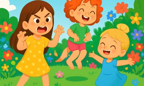 There are three characters: Lily, an 8-year-old girl with long brown hair and sparkling eyes, wearing a yellow polka dot dress and pretending to be a lion with a fierce yet playful expression; Ruby, a 6-year-old girl with curly red hair and freckles on her nose, dressed in a green t-shirt and pink shorts, joyfully jumping while pretending to be a kangaroo; and Mia, a 4-year-old girl with a blonde bun and big blue eyes, wearing a little blue dress and twirling around, imitating a butterfly with her arms open. The setting is a colorful garden filled with vibrant flowers, a clear blue sky, and bright sunshine. In the center is a large green lawn where the girls play, surrounded by scattered toys and soft cushions. The main scene shows the three sisters having fun in their garden, each embodying a different animal: Lily playfully roaring, Ruby energetically jumping, and Mia twirling and laughing, creating a joyful and lively atmosphere.